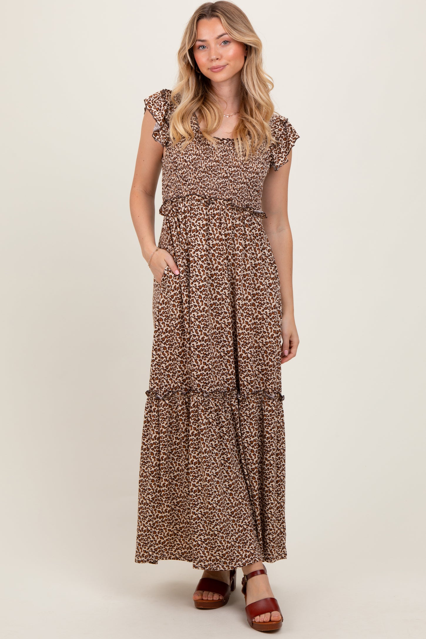 Mocha Leopard Print Ruffle Sleeve Tiered Maxi Dress