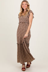 Mocha Leopard Print Ruffle Sleeve Tiered Maxi Dress