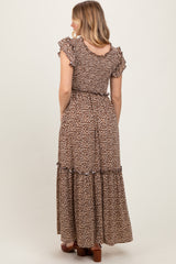 Mocha Leopard Print Ruffle Sleeve Tiered Maxi Dress