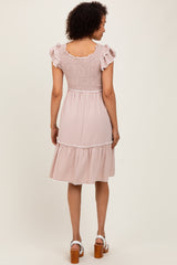 Taupe Solid Ruffle Trim Smocked Dress
