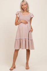 Taupe Solid Ruffle Trim Smocked Maternity Dress