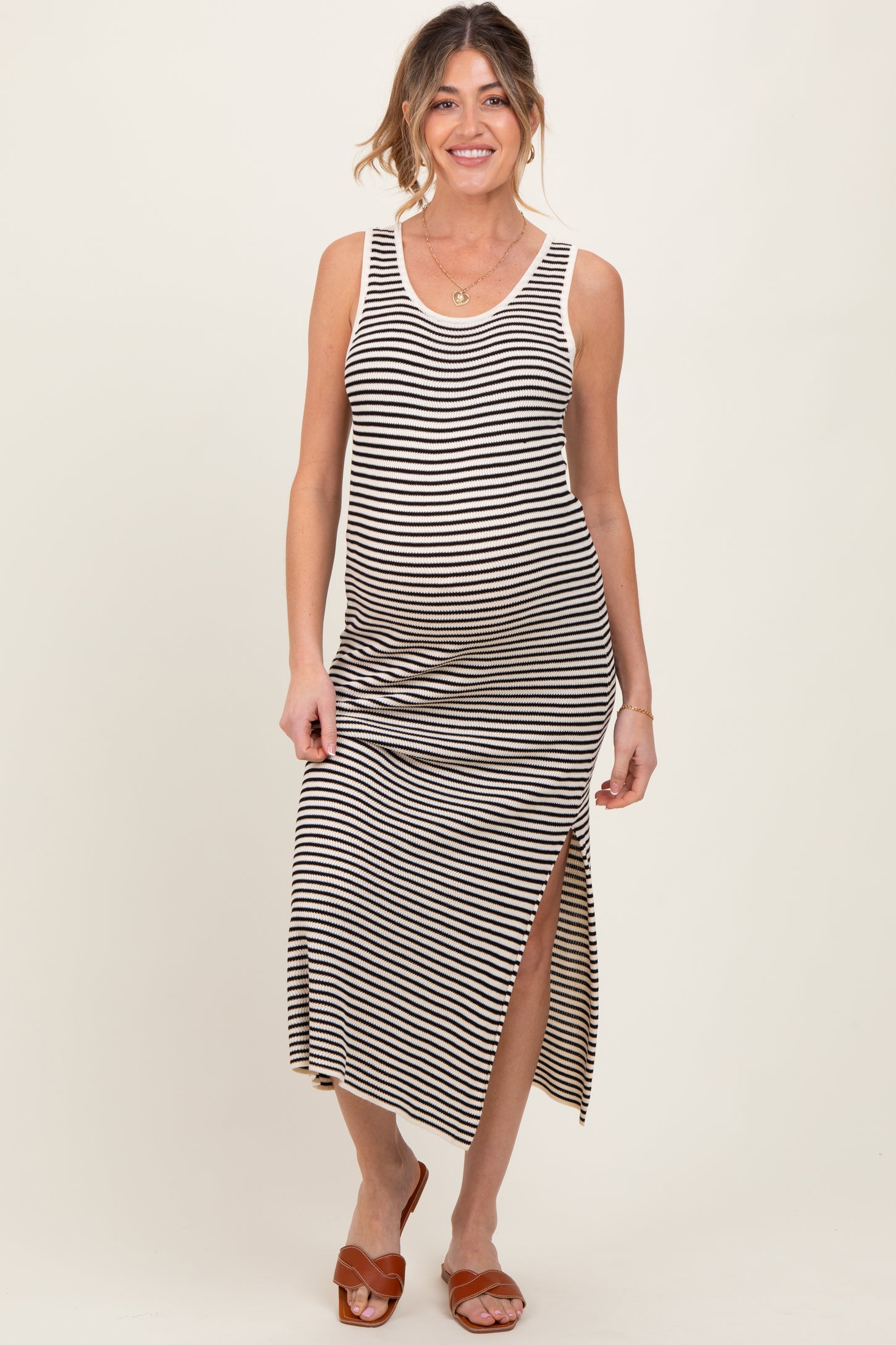 Black Striped Sleeveless Side Slit Maternity Midi Dress