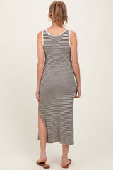 Black Striped Sleeveless Side Slit Maternity Midi Dress