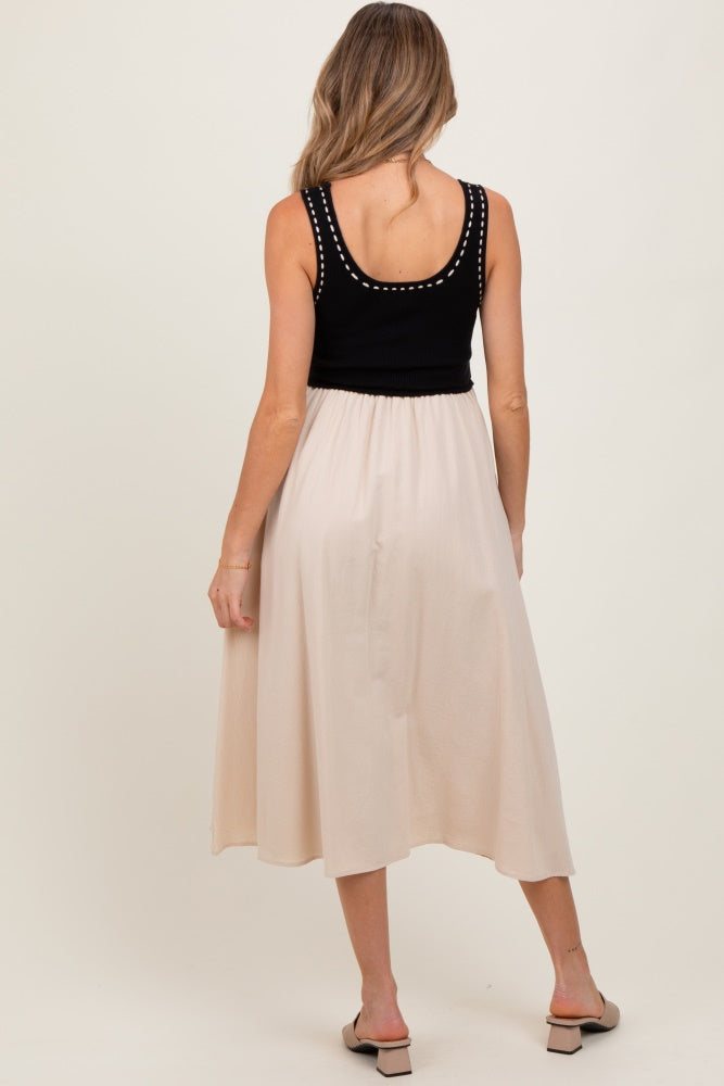 Black Ribbed Top Contrast Sleeveless Maternity Midi Dress