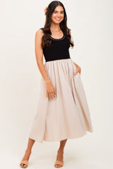 Black Ribbed Top Contrast Sleeveless Maternity Midi Dress