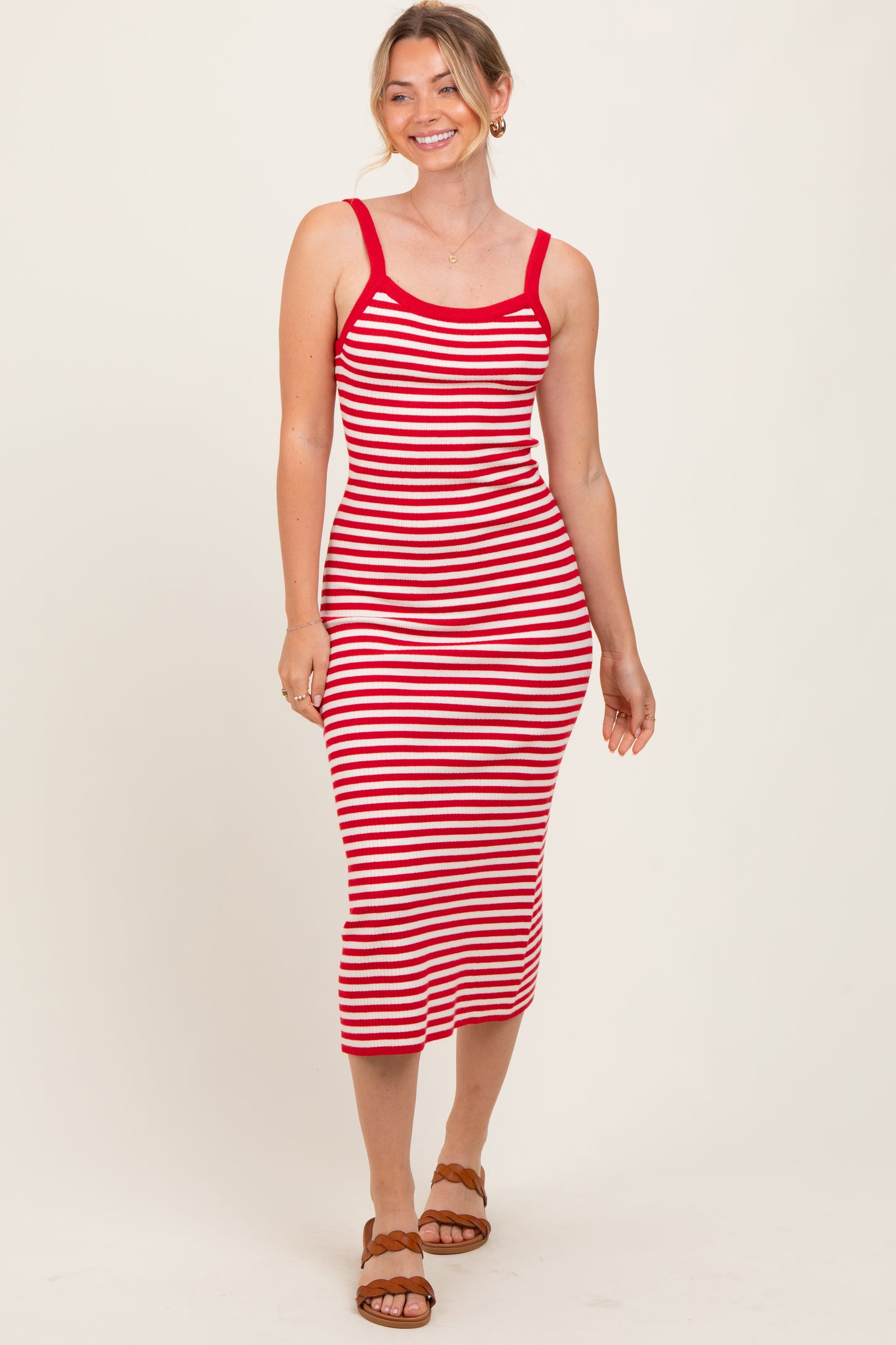 Red Striped Knit Sleeveless Maternity Midi Dress