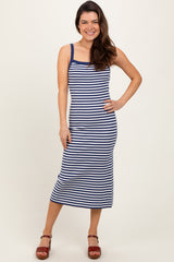 Navy Striped Knit Sleeveless Maternity Midi Dress