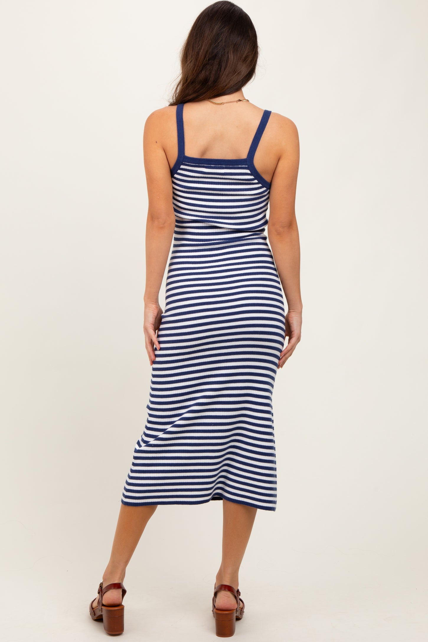 Navy Striped Knit Sleeveless Midi Dress