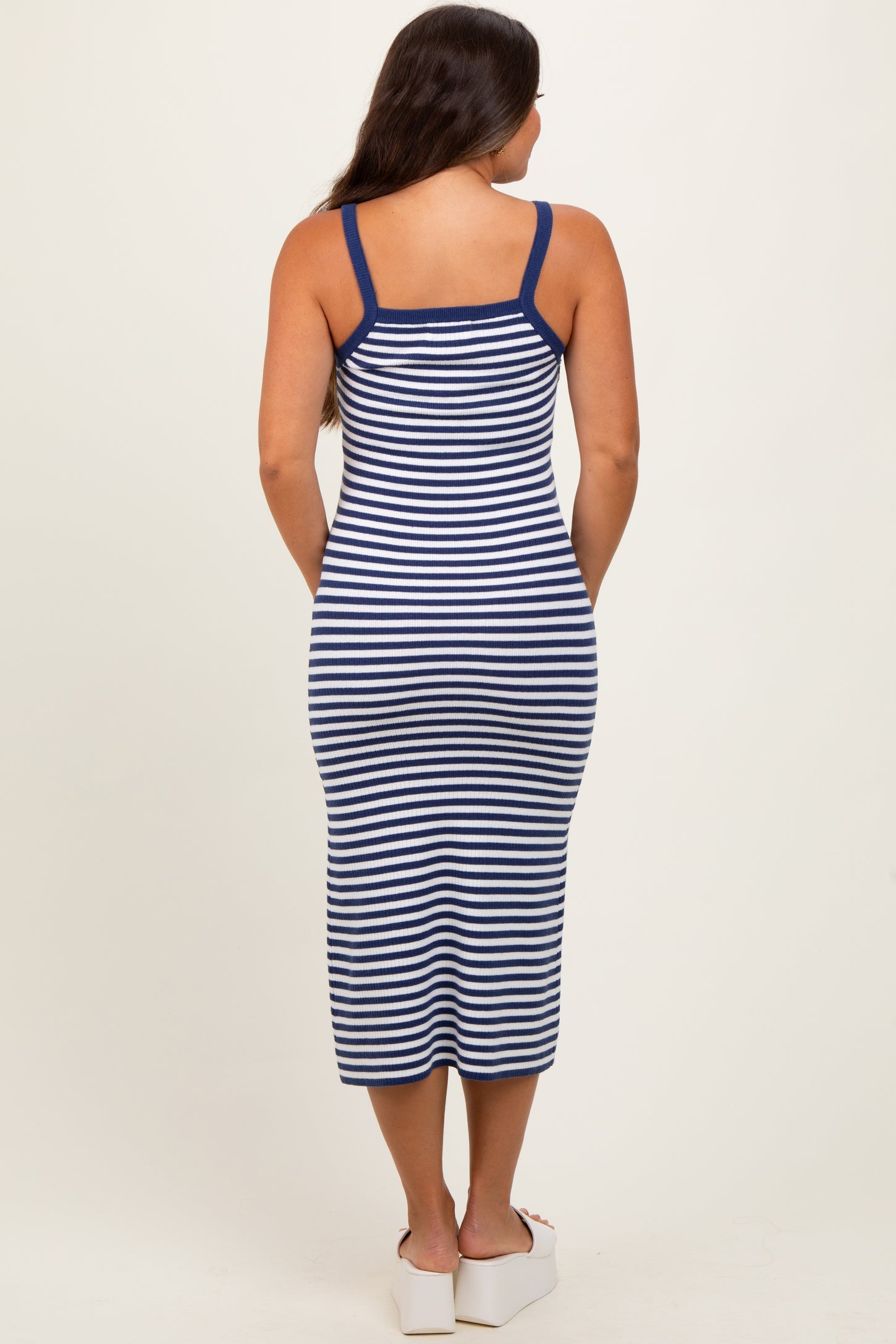 Navy Striped Knit Sleeveless Maternity Midi Dress