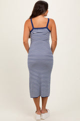 Navy Striped Knit Sleeveless Maternity Midi Dress