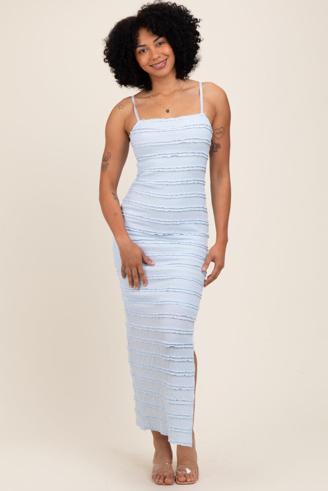 Light Blue Ruffle Tiered Fitted Maxi Dress