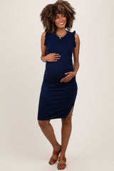 Navy Ruffle Sleeve Textured Maternity Midi Dress
