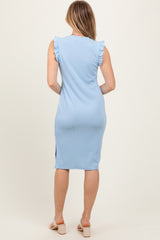 Light Blue Ruffle Sleeve Textured Midi Dress