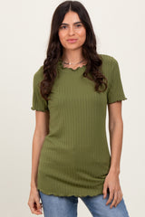 Olive Ribbed Short Sleeve Top