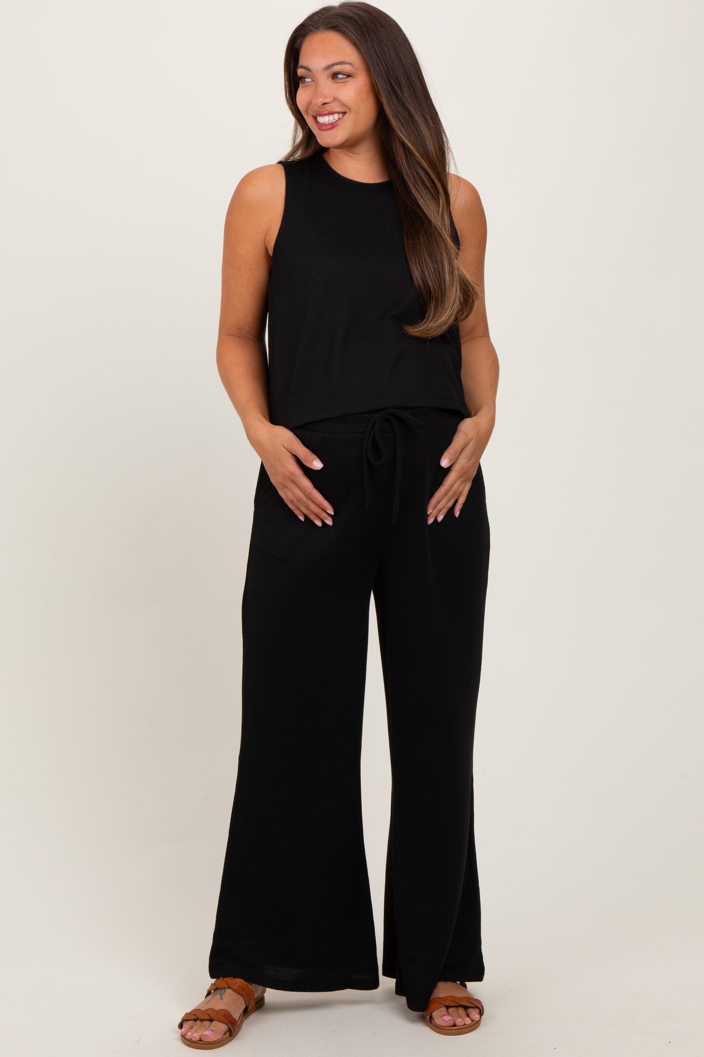 Black Sleeveless Top And Wide Leg Pants Maternity Set