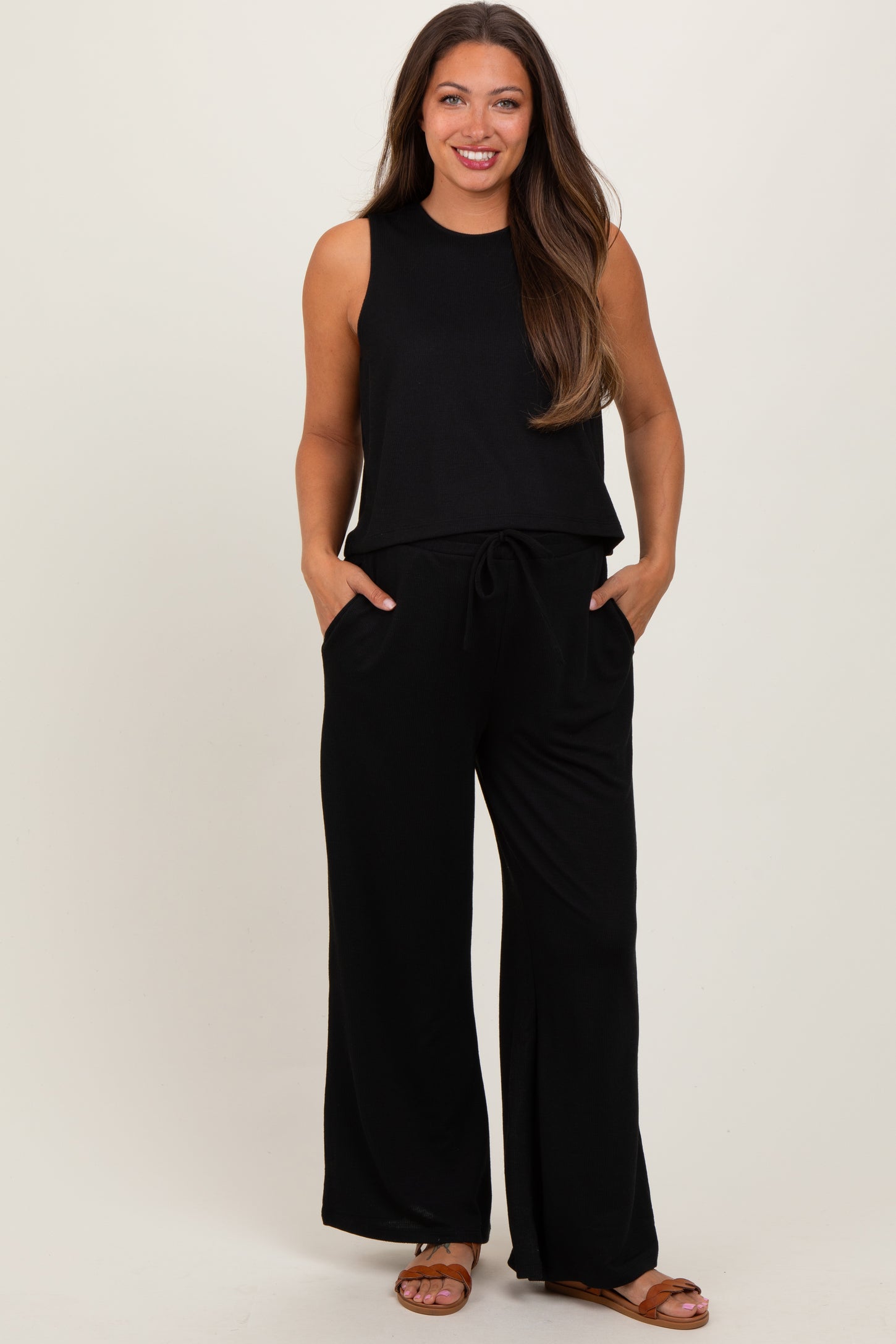 Black Sleeveless Top And Wide Leg Pants Maternity Set