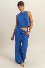 Royal Blue Sleeveless Top And Wide Leg Pants Maternity Set