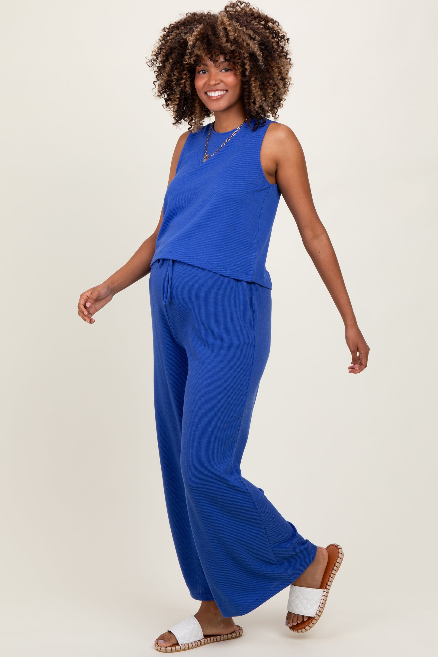 Royal Blue Sleeveless Top And Wide Leg Pants Maternity Set
