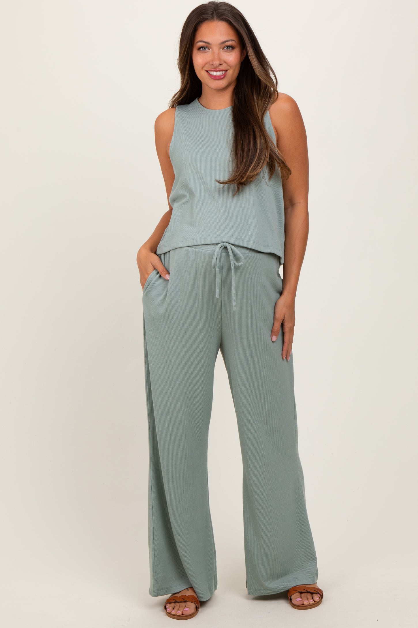 Sage Sleeveless Top And Wide Leg Pants Maternity Set