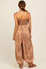 Camel Printed Smocked Shoulder Tie Jumpsuit