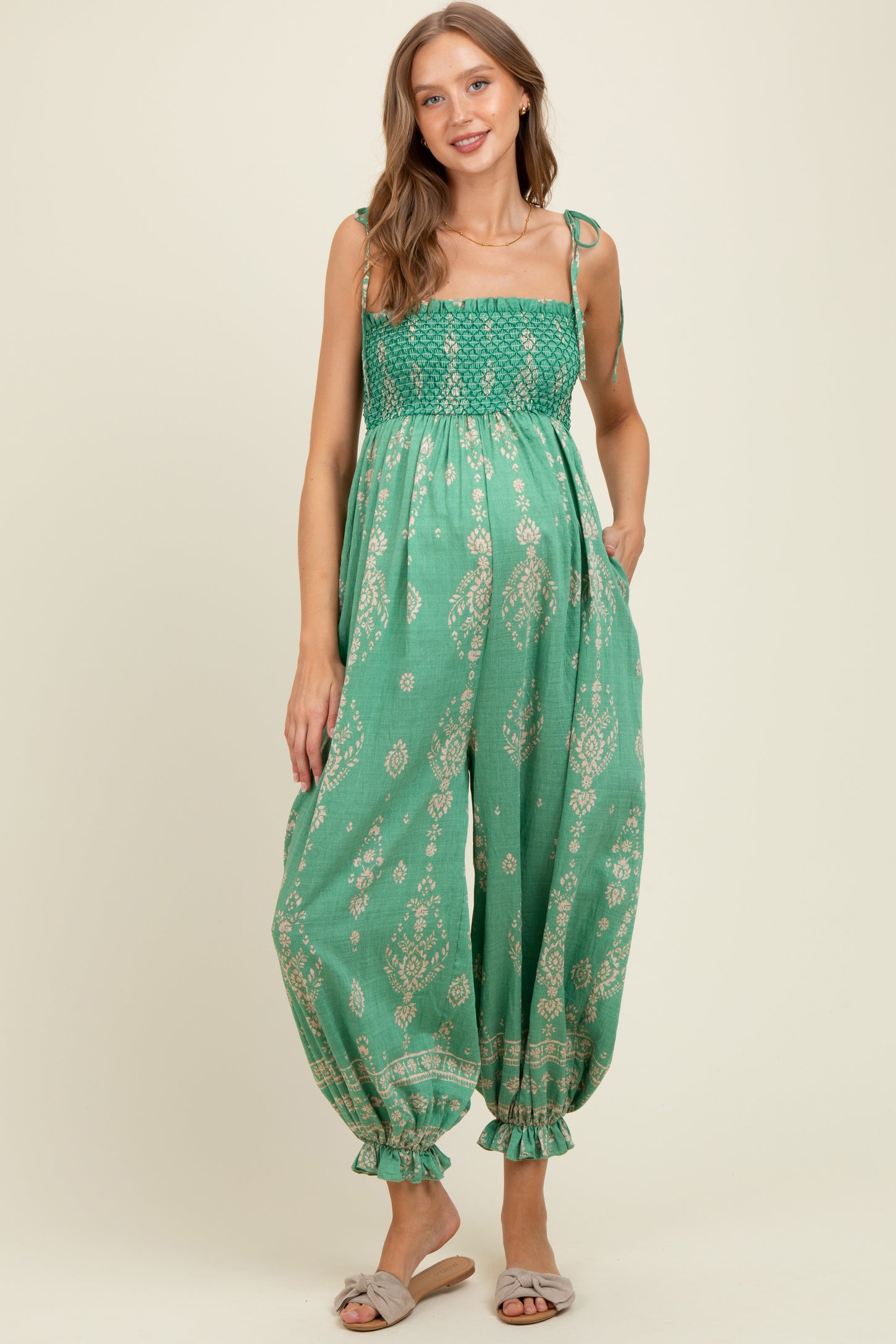 Green Printed Smocked Shoulder Tie Maternity Jumpsuit