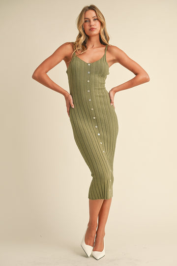 Olive Sleeveless Button Accent Knit Midi Dress