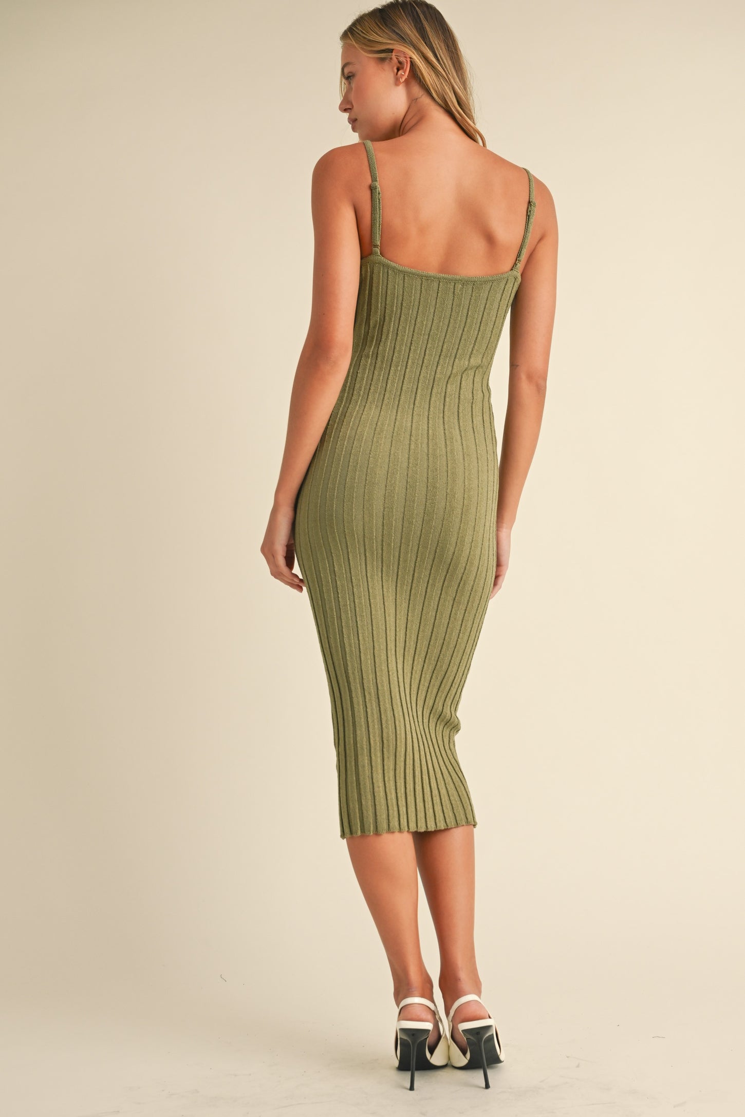 Olive Sleeveless Button Accent Knit Midi Dress