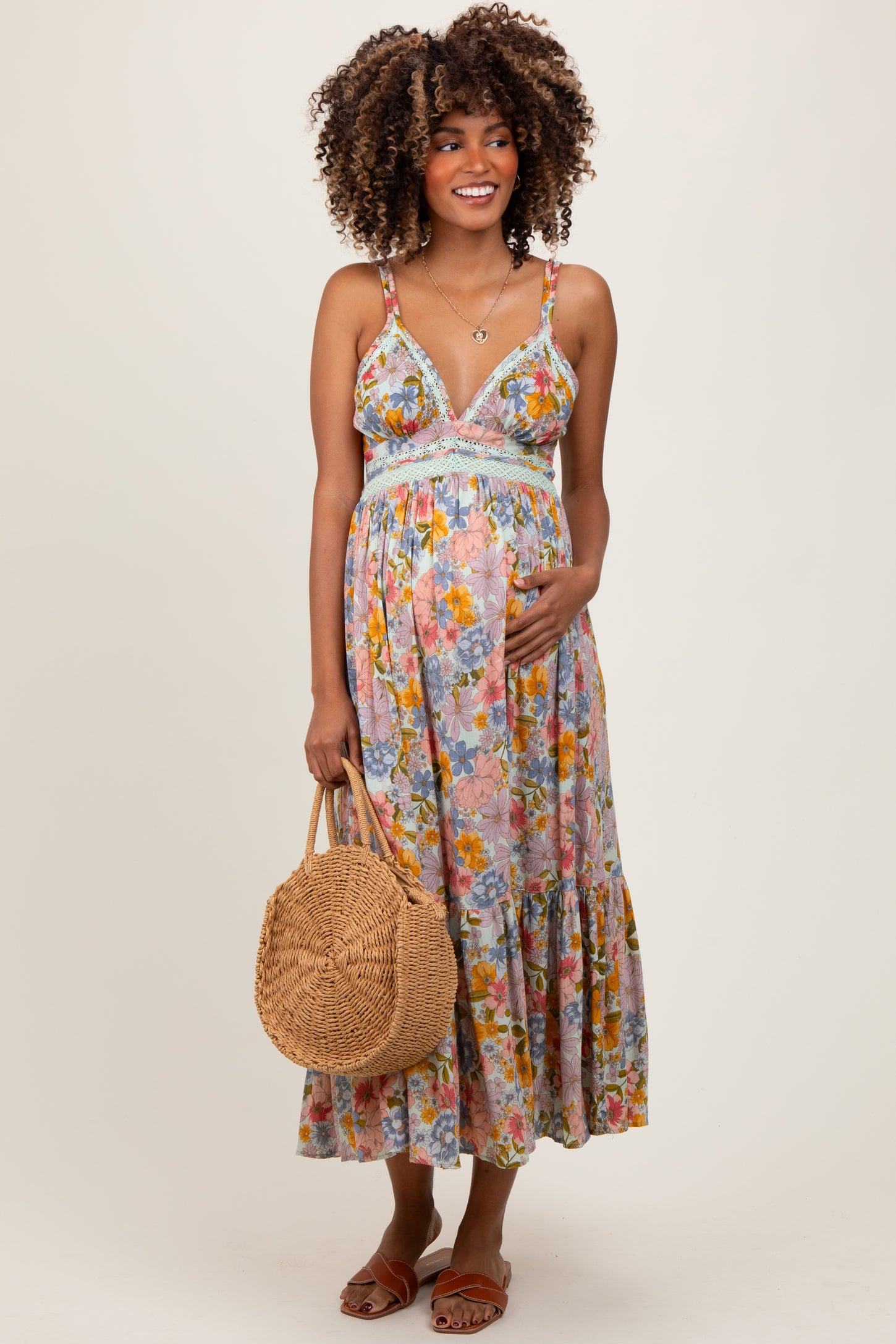 Muticolor Floral Double Strap Lace Trim Maternity Midi Dress