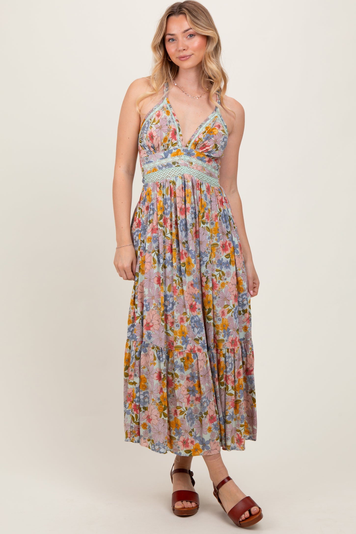 Muticolor Floral Double Strap Lace Trim Midi Dress