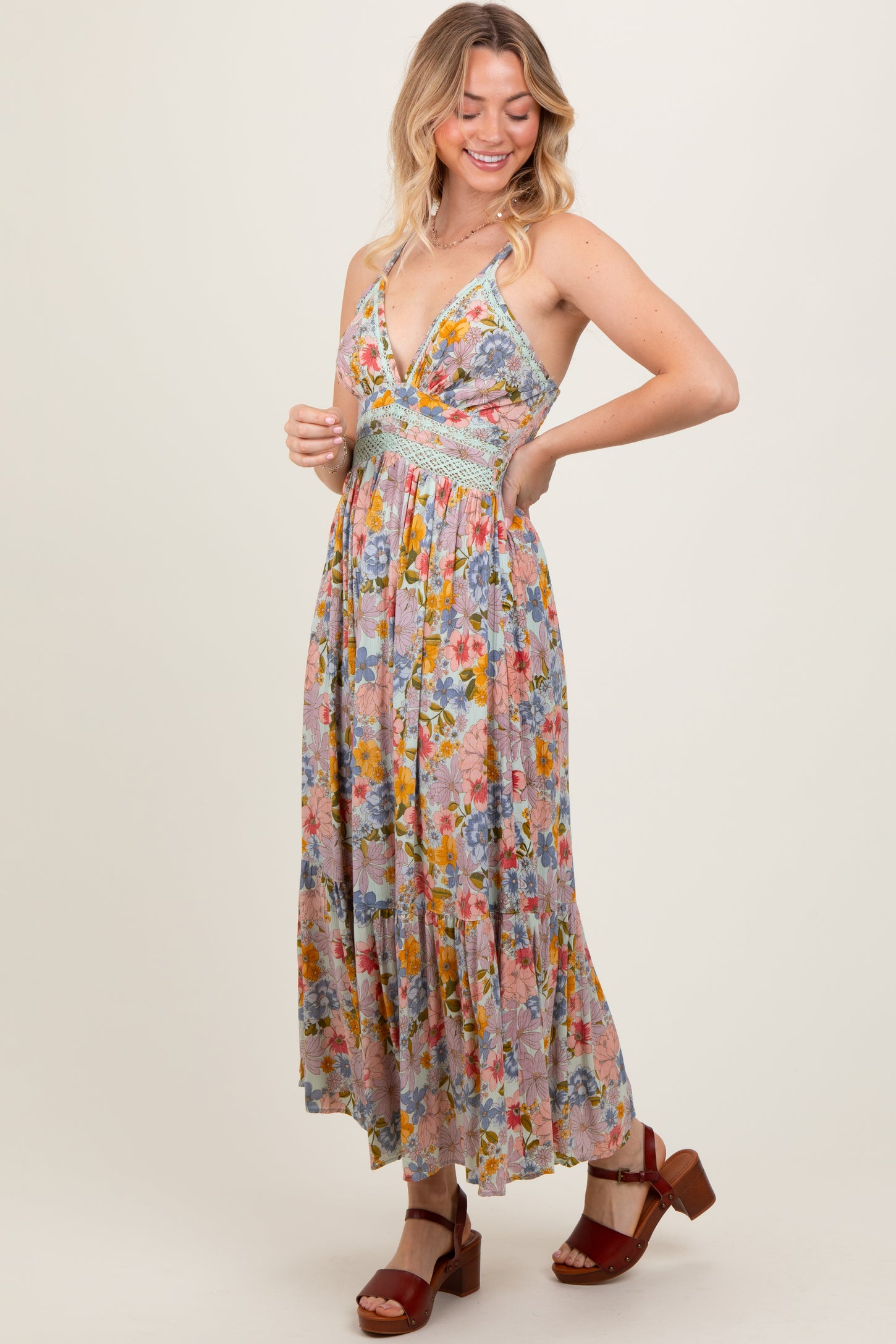 Muticolor Floral Double Strap Lace Trim Midi Dress