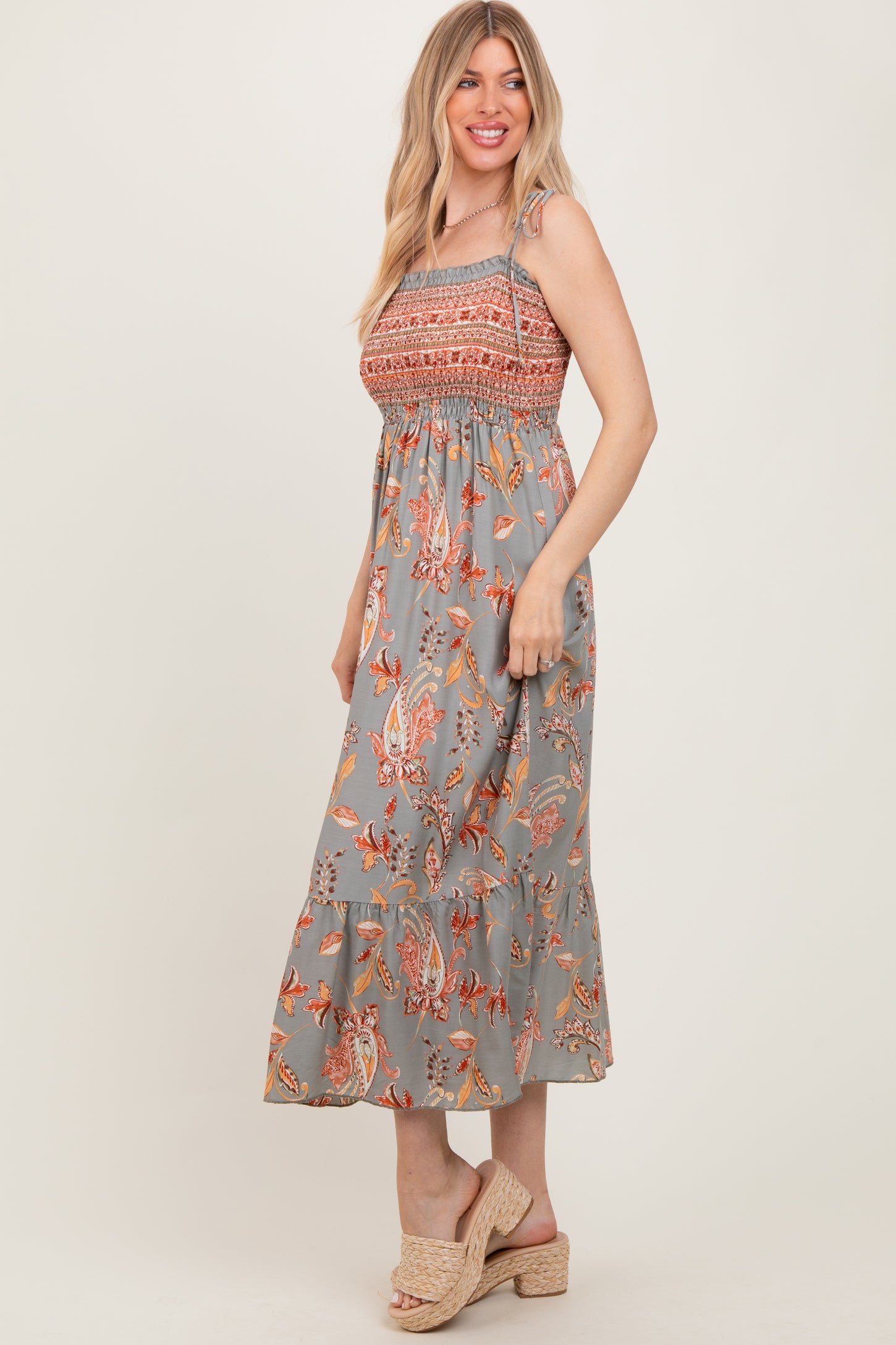 Olive Paisley Shoulder Tie Smocked Maxi Dress