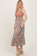 Olive Paisley Shoulder Tie Smocked Maxi Dress