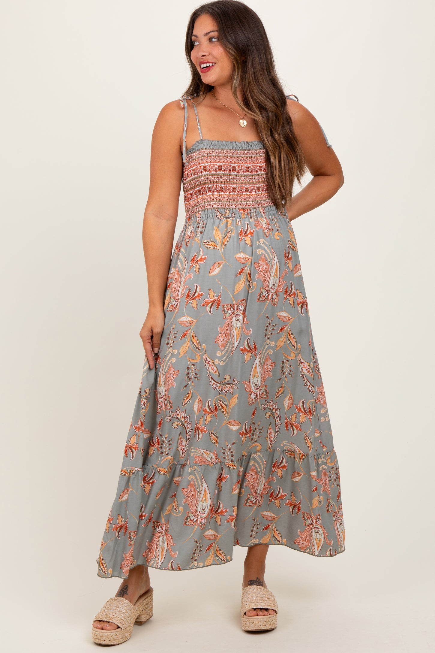 Olive Paisley Shoulder Tie Smocked Maternity Maxi Dress