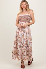 Ivory Paisley Shoulder Tie Smocked Maternity Maxi Dress