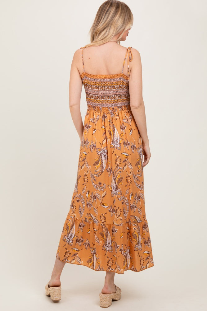 Peach Paisley Shoulder Tie Smocked Maxi Dress
