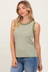 Olive Striped Knit Scallop Trim Sleeveless Top