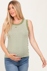 Olive Striped Knit Scallop Trim Sleeveless Maternity Top