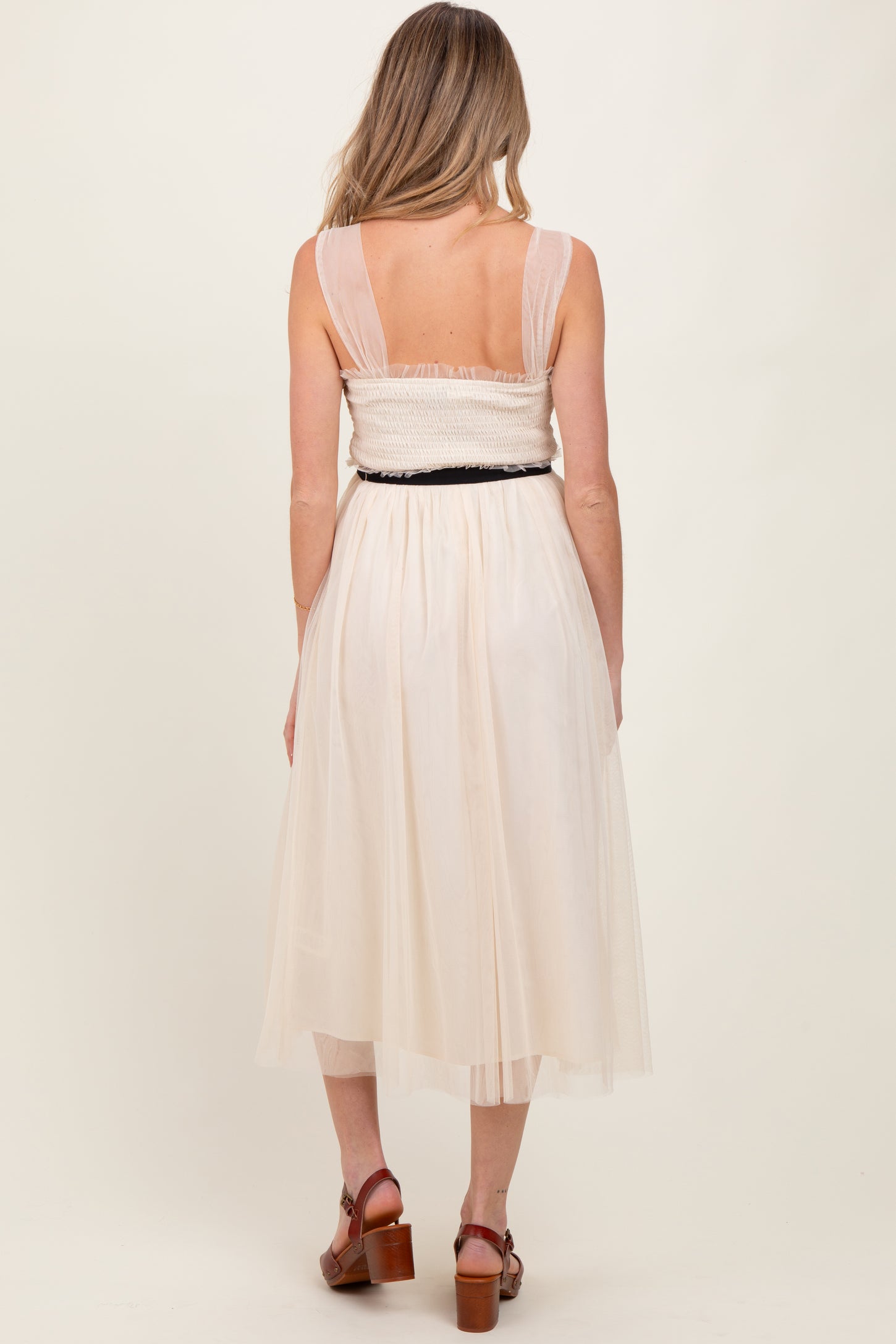 Cream Smocked Contrast Sash Ruffle Tulle Maternity Midi Dress