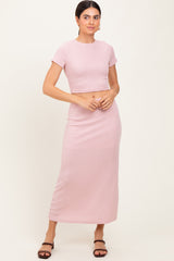 Light Pink Ribbed Knit Crop Tee Maxi Skirt Maternity Set