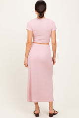 Light Pink Ribbed Knit Crop Tee Maxi Skirt Set