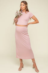 Light Pink Ribbed Knit Crop Tee Maxi Skirt Maternity Set