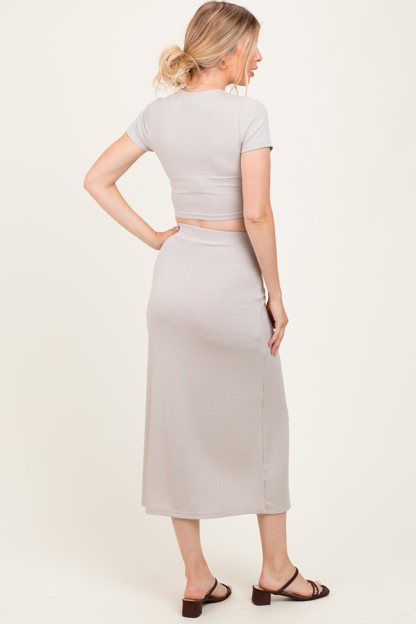 Light Taupe Ribbed Knit Crop Tee Maxi Skirt Maternity Set