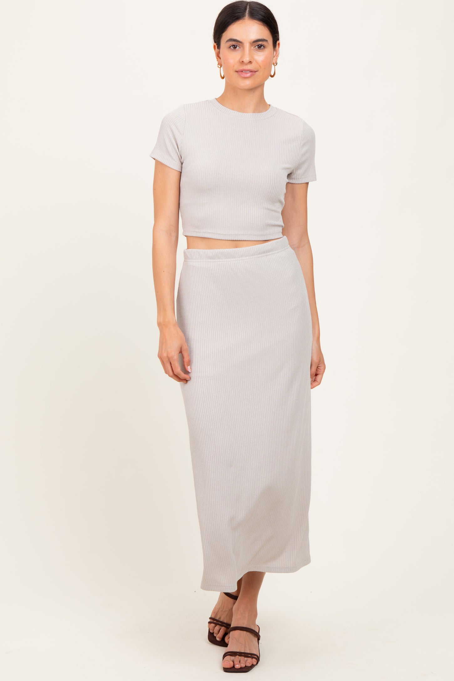 Light Taupe Ribbed Knit Crop Tee Maxi Skirt Set