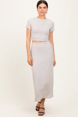 Light Taupe Ribbed Knit Crop Tee Maxi Skirt Maternity Set