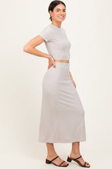 Light Taupe Ribbed Knit Crop Tee Maxi Skirt Set