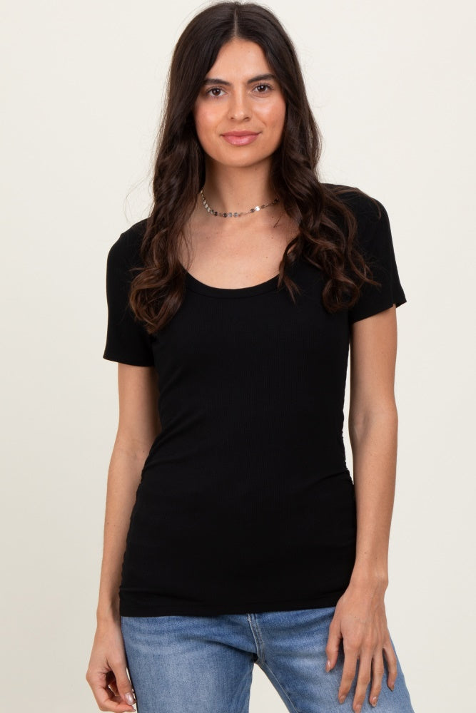 Black Ribbed Scoop Neck Short Sleeve Top