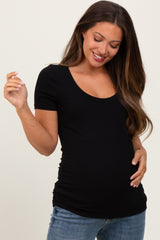 Black Ribbed Scoop Neck Short Sleeve Maternity Top