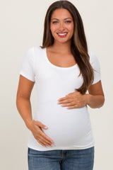 White Ribbed Scoop Neck Short Sleeve Maternity Top
