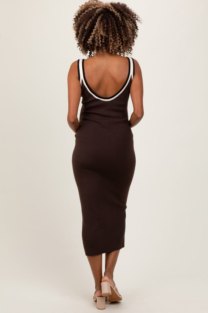 Brown Knit Key Hole Detail Low Back Maternity Midi Dress