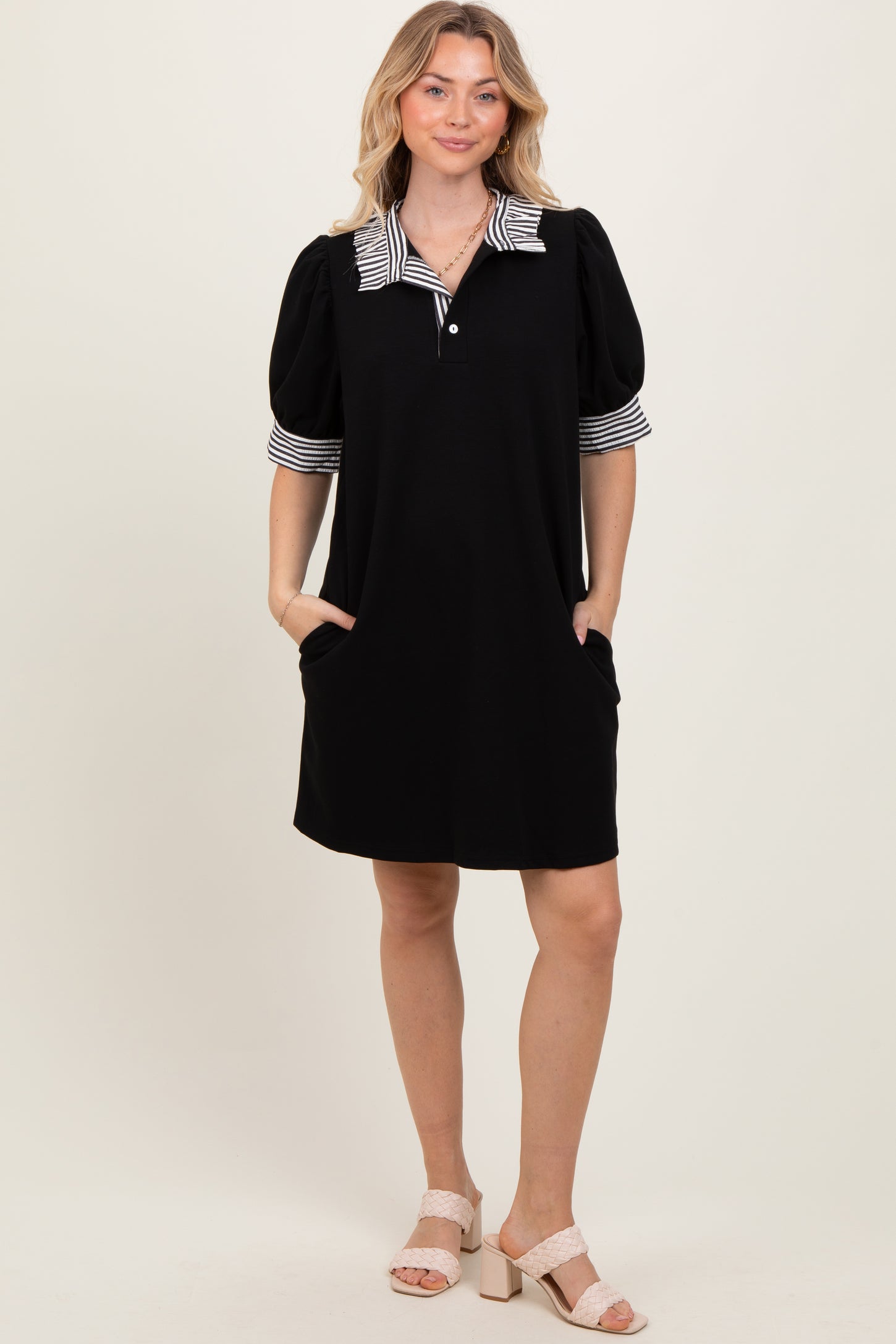 Black Mock Neck Contrast Striped Trim Maternity Mini Dress